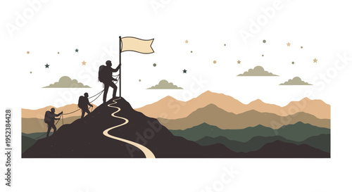 Mountain climbers reach summit and plant flag with starry sky view