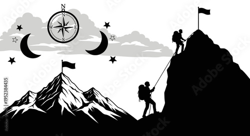 Mountain climbers reach summit silhouette of adventure and determination