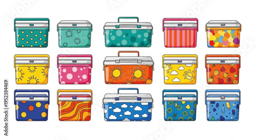 Collection of colorful and patterned coolers on a white background, perfect for picnics and outdoor adventures