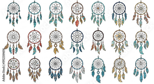 Collection of intricately designed Native American dreamcatchers with feathers and beads, in various colors and patterns