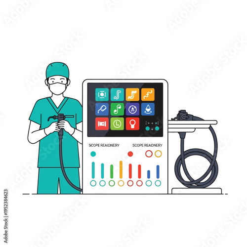 Medical Endoscopy Equipment and Surgeon Illustration.