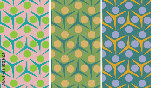 Set of seamless geometric patterns. Abstract mid-century modern designs with interlocking star and circle shapes in three vibrant color palettes