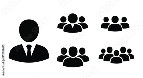 Set of 5 black vector icons depicting single user, small group, and large group of people for business
