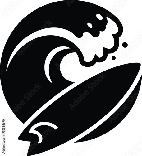 Stylish blue surfboard with a large ocean wave vector illustration for surfing enthusiasts and beach lovers.