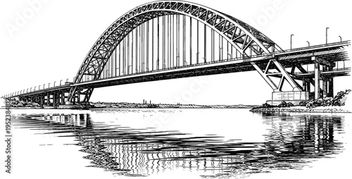 Large arched steel bridge over river water reflection detailed hand drawn black and white vector sketch illustration.