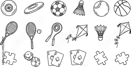 Collection of hand-drawn sports and game equipment icons in a simple line art style