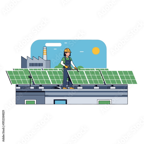 Worker maintaining solar panels at a power plant.