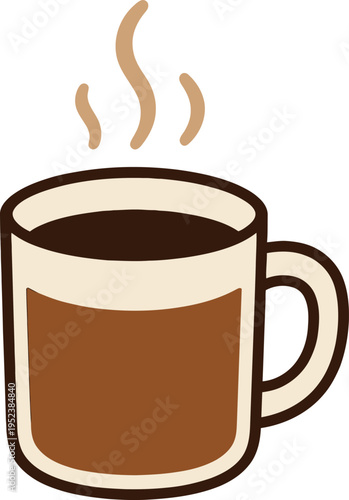 Minimalist vector illustration of a steaming cup of coffee with bold coffee addict text on a beige background.