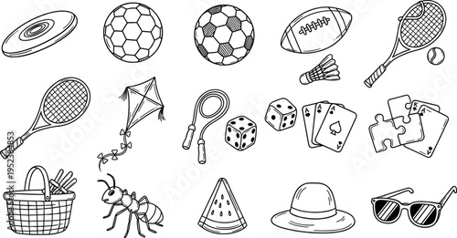Collection of hand-drawn outdoor and indoor activity items for fun and games