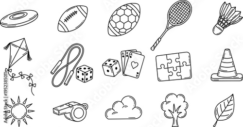 Collection of hand-drawn icons representing various sports, games, and outdoor activities
