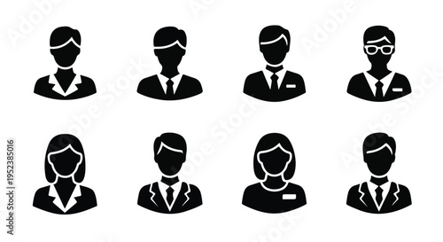 Set of 8 professional business people avatar icons vector in black and white for user profiles