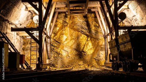 A large mining tunnel with a train on tracks and a rocky wall illuminated by lights