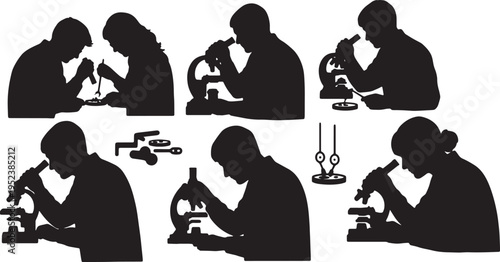 Black Solid Biology Research Scientist Silhouettes Set of Six on White Background