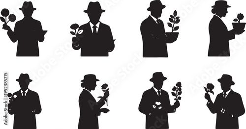 Black Solid Botany Plant Scientist Silhouettes Set of Six on White Background