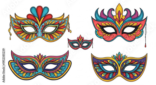 Collection of ornate and colorful carnival masks, perfect for festive occasions and masquerade events, vibrant designs for celebrations