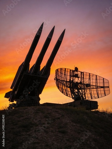Military missile launchers and radar system at sunset on a hill