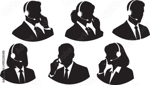 Black Solid Call Center Agent Silhouettes Set of Six on White Background