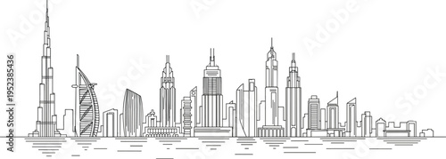 Modern Dubai city skyline line art illustration featuring Burj Khalifa and iconic landmarks in clean vector style.