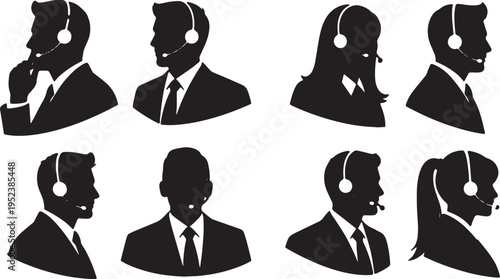 Black Solid Call Center Agent Silhouettes Set of Six on White Background