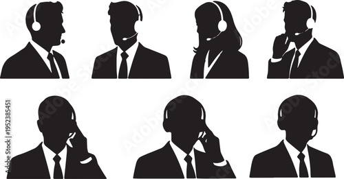 Black Solid Call Center Agent Silhouettes Set of Six on White Background