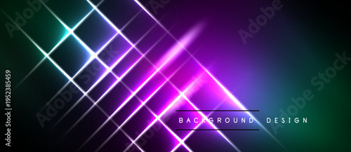 Abstract neon lines intersect, creating vibrant purple, green glow. Dark background emphasizes bright illumination, modern design element.