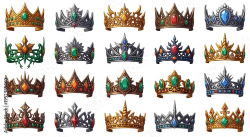 An exquisite array of ornate crowns and jeweled tiaras, showcasing diverse designs and rich craftsmanship fit for royalty, symbolizing power and prestige through their vibrant adornments