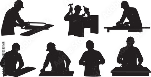 Black Solid Carpentry Woodworking Trade Silhouettes Set of Six on White Background