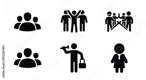 Set of 6 black flat vector icons representing diverse groups of people and business roles