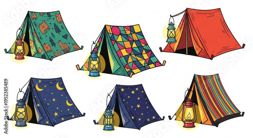 Collection of colorful and patterned camping tents with lanterns, ideal for outdoor adventure and travel
