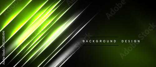 Abstract neon lines create dynamic diagonal pattern. Dark background emphasizes bright green, white glow. Modern design element.