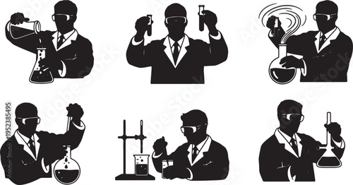 Black Solid Chemistry Lab Scientist Silhouettes Set of Six on White Background