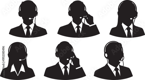 Black Solid Call Center Agent Silhouettes Set of Six on White Background