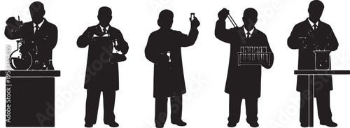 Black Solid Chemistry Lab Scientist Silhouettes Set of Six on White Background