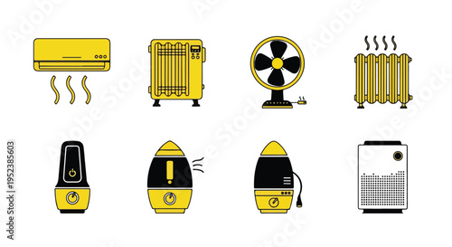 Set of 8 yellow heating and cooling icons vector