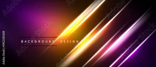 Abstract neon lines over dark background. Gradient purple, orange, yellow hues create dynamic visual effect. Text reads background design.