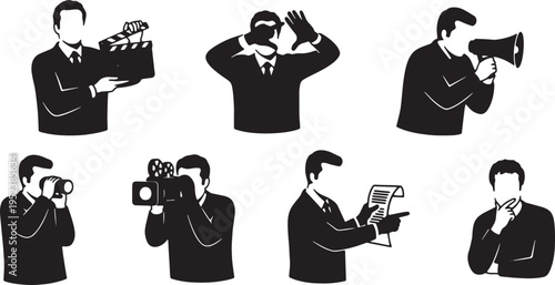 Black Solid Cinema Film Director Silhouettes Set of Six on White Background