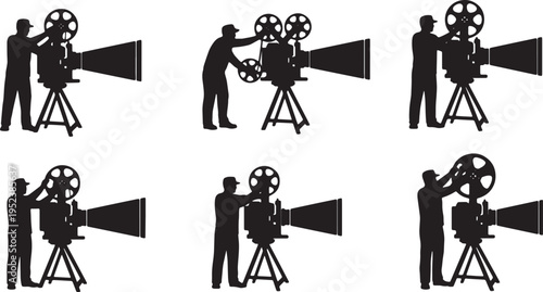 Black Solid Cinema Projectionists Threading Reels Silhouettes Set of Six on White Background