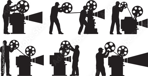 Black Solid Cinema Projectionists Threading Reels Silhouettes Set of Six on White Background