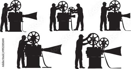 Black Solid Cinema Projectionists Threading Reels Silhouettes Set of Six on White Background
