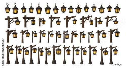 A charming collection of vintage-inspired glowing lanterns and rustic wooden lampposts, perfect for adding an enchanting light to digital designs and whimsical scene illustrations