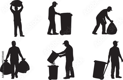 Black Solid City Trash Collector Silhouettes Set of Six on White Background