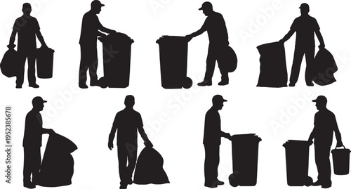 Black Solid City Trash Collector Silhouettes Set of Six on White Background