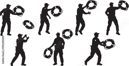 Black Solid Coast Guard Officers Tossing Rings Silhouettes Set of Six on White Background
