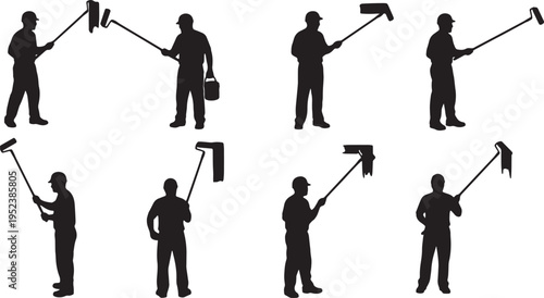 Black Solid Commercial Painters Rolling Paint Silhouettes Set of Six on White Background