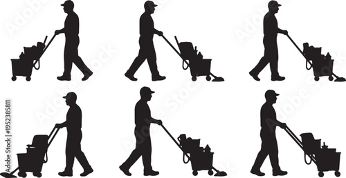 Black Solid Commercial Cleaners Pushing Buckets Silhouettes Set of Six on White Background