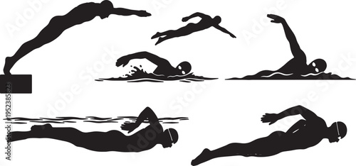 Black Solid Competitive Pool Swimmer Silhouettes Set of Six on White Background