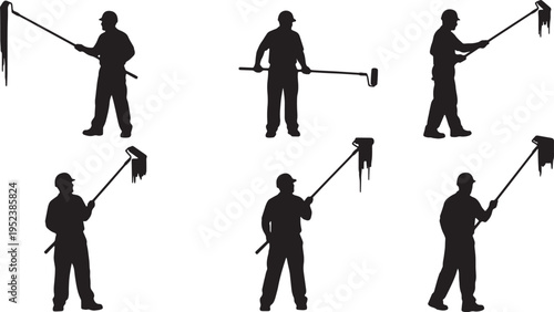 Black Solid Commercial Painters Rolling Paint Silhouettes Set of Six on White Background
