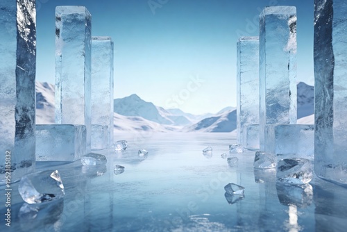 Ice blocks stand on frozen lake with snowy mountains
