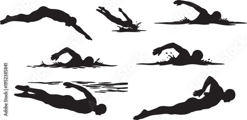 Black Solid Competitive Pool Swimmer Silhouettes Set of Six on White Background