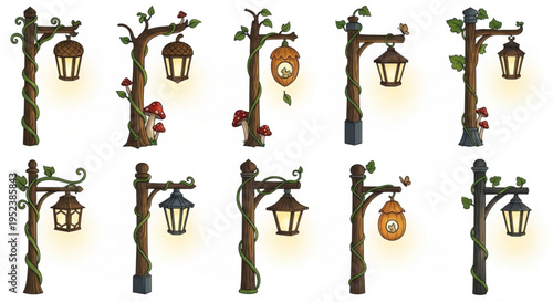 Whimsical Rustic Wooden Lanterns Collection, Adorned with Lush Vines and Forest Elements, Each Emitting a Soft, Warm Glow, Ideal for Enchanted Settings and Storybook Designs